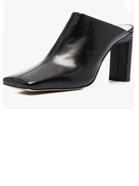 FSJ Black Squared Toe Mules Slip On Chunky High Heels Sandals Summer Shoes